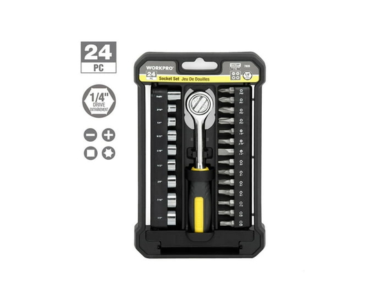 WorkPro 24-Piece 1/4" Drive Socket Set,Ratchet Handle,Screwdriver Bits - 24