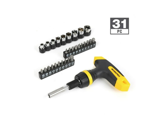 Ensemble de douilles et d’entraînement à cliquet WorkPro - 31 pièces, douilles Dr. 1/4" et embouts tournevis