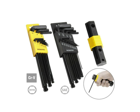 WorkPro Ball End Hex Key Set -23 Piece,Cr-V Metric and SAE Sizes,T handle Adaptor - Multiple