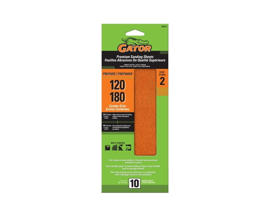Gator Premium Sandpaper Sheets, 120 and 180 Grit Combo, Multi-Surface, 3-2/3 x 9 in, 10 Pack - 1 EA