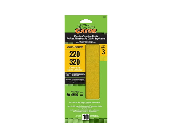 Gator Premium Sanding Sheets, 220/320 Grit Combo, 3-2/3 in x 9 in, 10 Pack - 220g