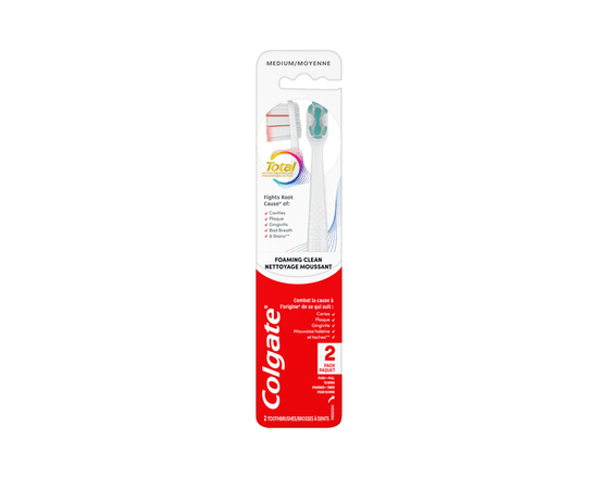 Colgate Total Active Prevention Foaming Clean Medium Toothbrush, White, 2 Pack
