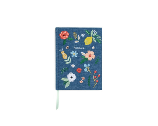 Carnet de notes Think Ink à couverture rigide, motif floral brodé sur denim - Bleu, 15,2 x 20,3 cm, 160 pages