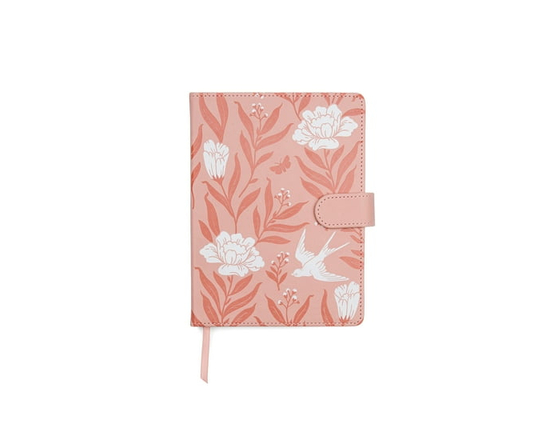 Carnet botanique à fermeture magnétique Think Ink en similicuir rose, motif oiseaux – 15,2 x 20,3 cm, 256 pages lignées