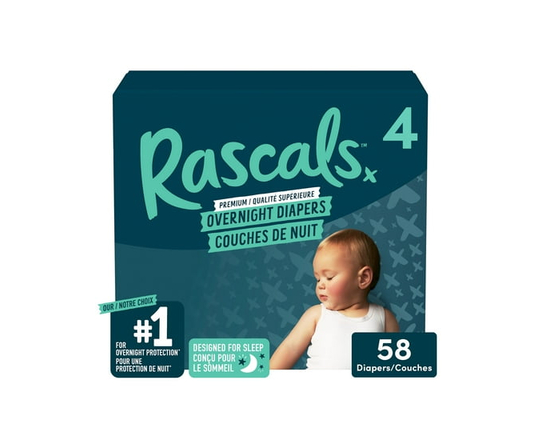 Rascals Overnight Absorbent Baby Diapers, Size 5, Carton, 50 Count - Size 4