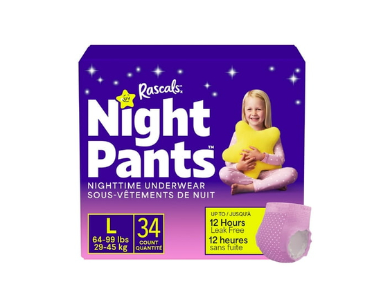 Rascals Night Pants, Absorbent Disposable Girls Nighttime Bedwetting Underwear, L (64-99 lbs), 34 Count