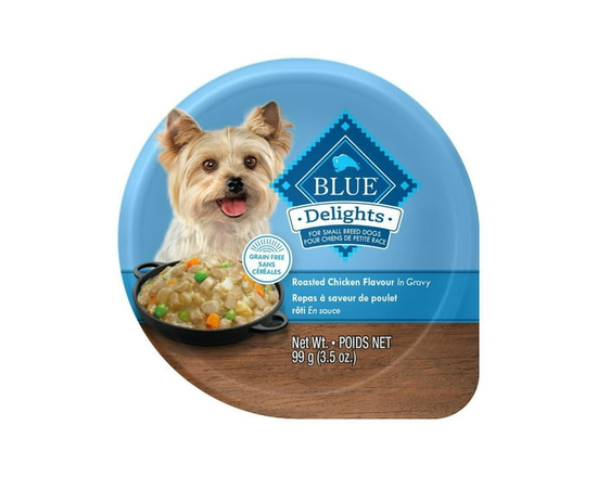 Blue Buffalo Delights Petite Race Saveur de Poulet Rôti en Sauce Copieuse Nourriture Humide pour Chiens Adultes, Sans Céréales,. Coupelle 100g - Porti