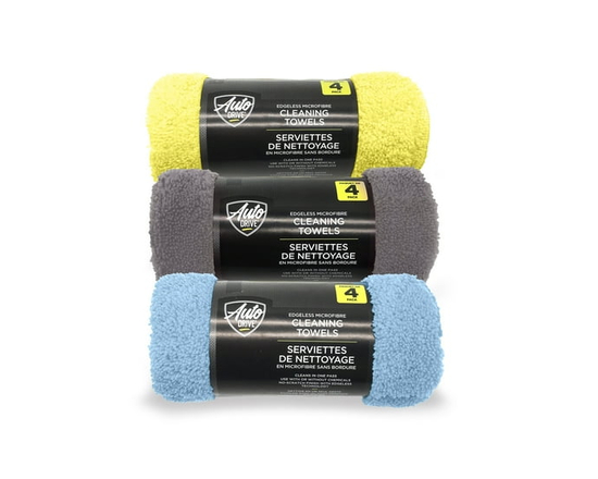 Les chiffons de nettoyage polyvalents sans bord en microfibre Auto Drive, pour auto, lot de 4, couleurs assorties - 14 po x 14 po