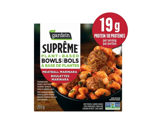 Gardein Suprême Plant‑Based Bowls Meatball Marinara Frozen Dinner Bowl, Pasta with Plant‑Based Meatballs, Spinach & Onions in Marinara Sauce, 19g of P