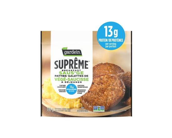 Gardein Suprême Frozen Breakfast Sausage Patties, Enjoy in Dinner or Meal, Plant-based, Vegan, Source of Iron, 13g of Protein - 390 g