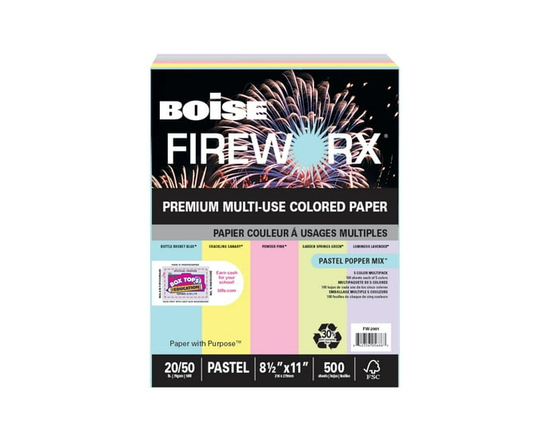 Boise FIREWORX Premium Multi-Use Colored Paper, Pastel Popper Mix, Letter Size, 20 lb, 500 Sheets