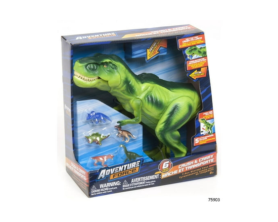 L'expédition a écrasé le coffre du tyrannosaure avec le petit dinosaure.