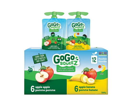 GoGo squeeZ Fruit Sauce Snack Pouches Variety, Apple, Apple Banana, No Sugar Added Box of 12 Pouches - 90g