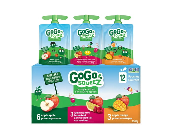 GoGo squeeZ Fruit Sauce Snack Pouches Variety Pack, Apple Apple, Apple Raspberry Lemon Twist, Apple Mango, No Sugar Added. 90g per pouch, Box of 12 Po