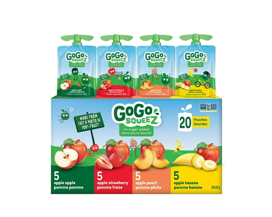GoGo squeeZ Fruit Sauce Snack Pouches Variety Pack, Apple Apple, Apple Strawberry, Apple Peach, Apple Banana, No Sugar Added. 90g per pouch, 20 Pouche
