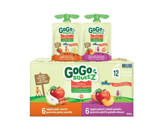 GoGo squeeZ Fruitz & Veggiez Sauce Snack Pouches Variety Pack, Apple Pear Carrot, Apple Peach Sweet Potato, No Sugar Added. 90g per pouch, 12 Pouches 