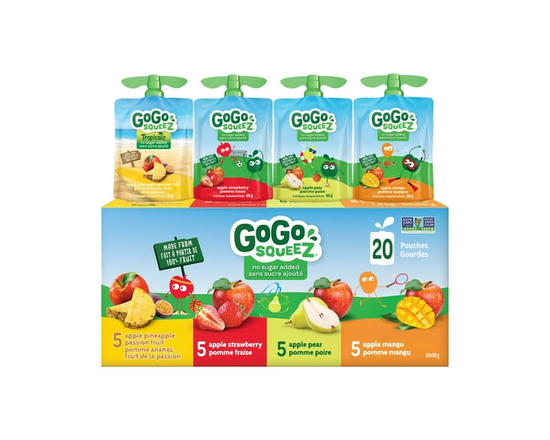 GoGo squeeZ Fruit Sauce Snack Pouches Variety Pack, Apple Pineapple Passion Fruit, Apple Strawberry, Apple Pear, Apple Mango, No Sugar Added. 90g per