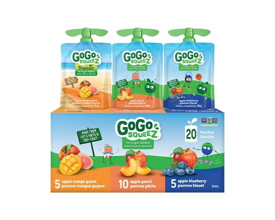 GoGo squeeZ Fruit Sauce Snack Pouches Variety, Apple Mango Guava, Apple Peach, Apple Blueberry, No Sugar Added Box of 20 Pouches - 90g