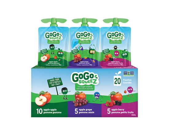 GoGo squeeZ Fruit Sauce Snack Pouches Variety, Apple, Apple Grape, Apple Berry, No Sugar Added Box of 20 Pouches - 90g