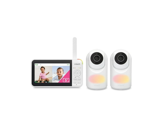 VTech VM5267-2 Moniteur vidéo numérique de 5 po à 2 caméras avec fonction panoramique et inclinaison et veilleuse, blanc