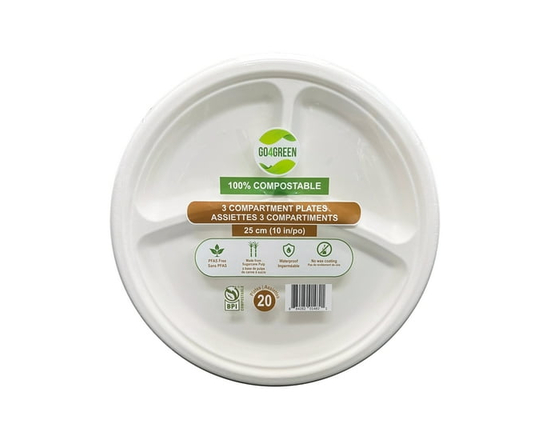 Go4Green Compostable 10-Inch 3-Compartment Plates, 20 Pieces