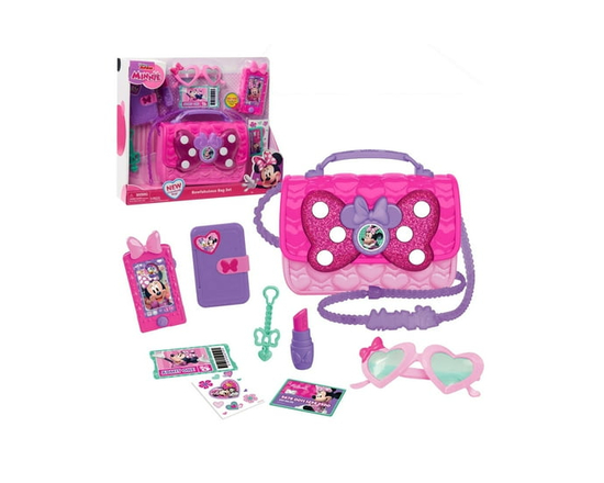 Disney Junior Minnie Mouse Bowfabulous Bag Set, 9 Piece Pretend Play Purse with Lights and Sounds Cell Phone, Sunglasses, and Accessories - 4-6X