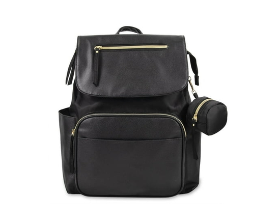 Baby Essentials Black Vegan Leather Multi-Pocket Magnetic Flap and Zipper Closure Fashion Diaper Bag Backpack with Matching 6-Ply Folding Baby Changin