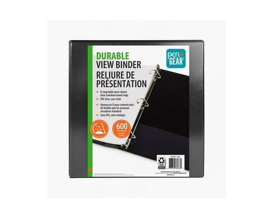 PEN+GEAR 3" DURABLE VIEW BINDER, Slant D-Ring, BLACK