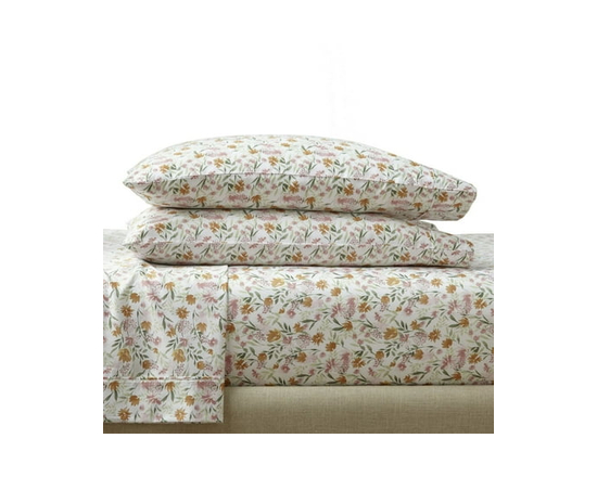 Better Homes & Gardens Ensemble de draps en satin de coton 300 fils, 4 pièces – Mer douce, Très grand lit (King) (Bashful Bloom Chaleureux)