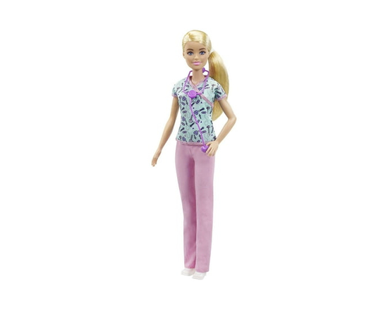 Barbie Nurse Fashion Doll Dressed in Medical Scrubs, White Shoes & Stethoscope Accessory