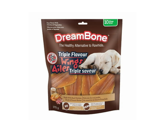 DreamBone Triple Flavor Wings 10 Count, Treat Your Dog to Rawhide-Free Chews With Real Chicken, Peanut Butter and Duck, For All Dogs - Single serve;Re
